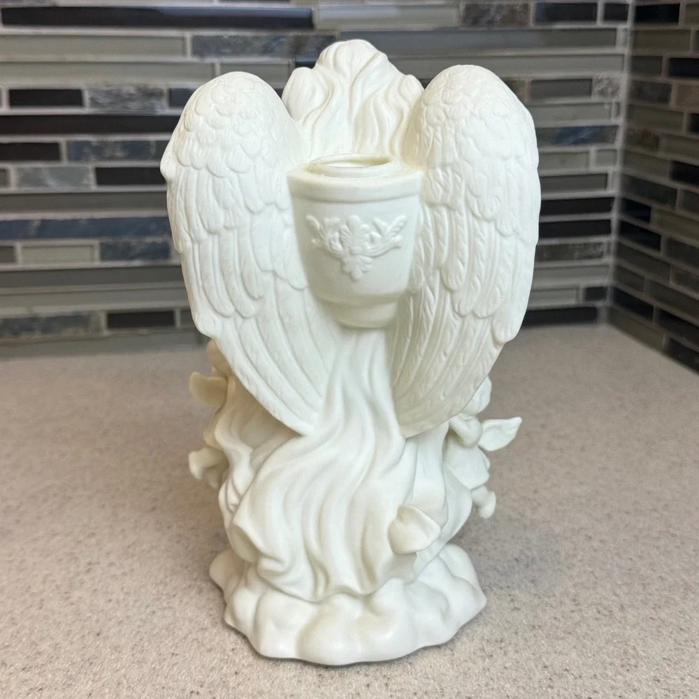 VTG PartyLite White Bisque Angel with Cherubs Taper Candle Holder Figurine P0434